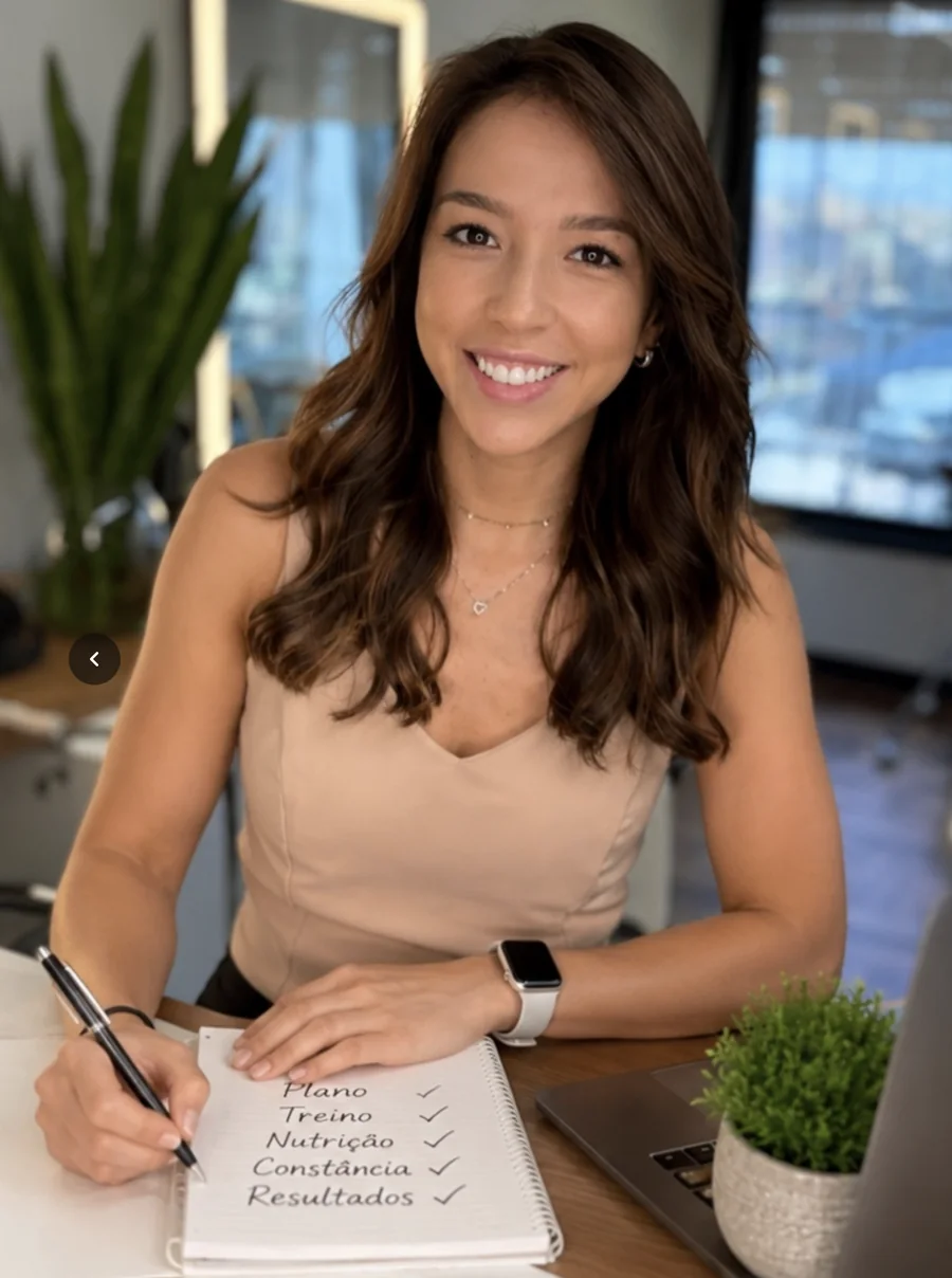 Graziela Baladão escrevendo o método: Plano · Treino · Nutrição · Constância · Resultados